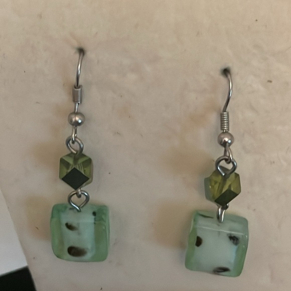 2” silver tone dangle drop earrings with teal green resin dice dangles on wires - Picture 3 of 12